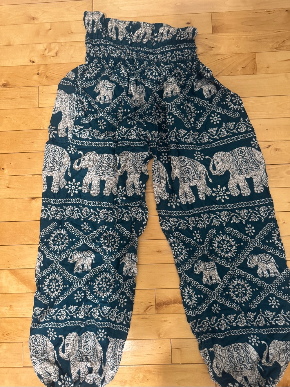 Bohemian Elephant Print Teal Elastic-Waist Pants